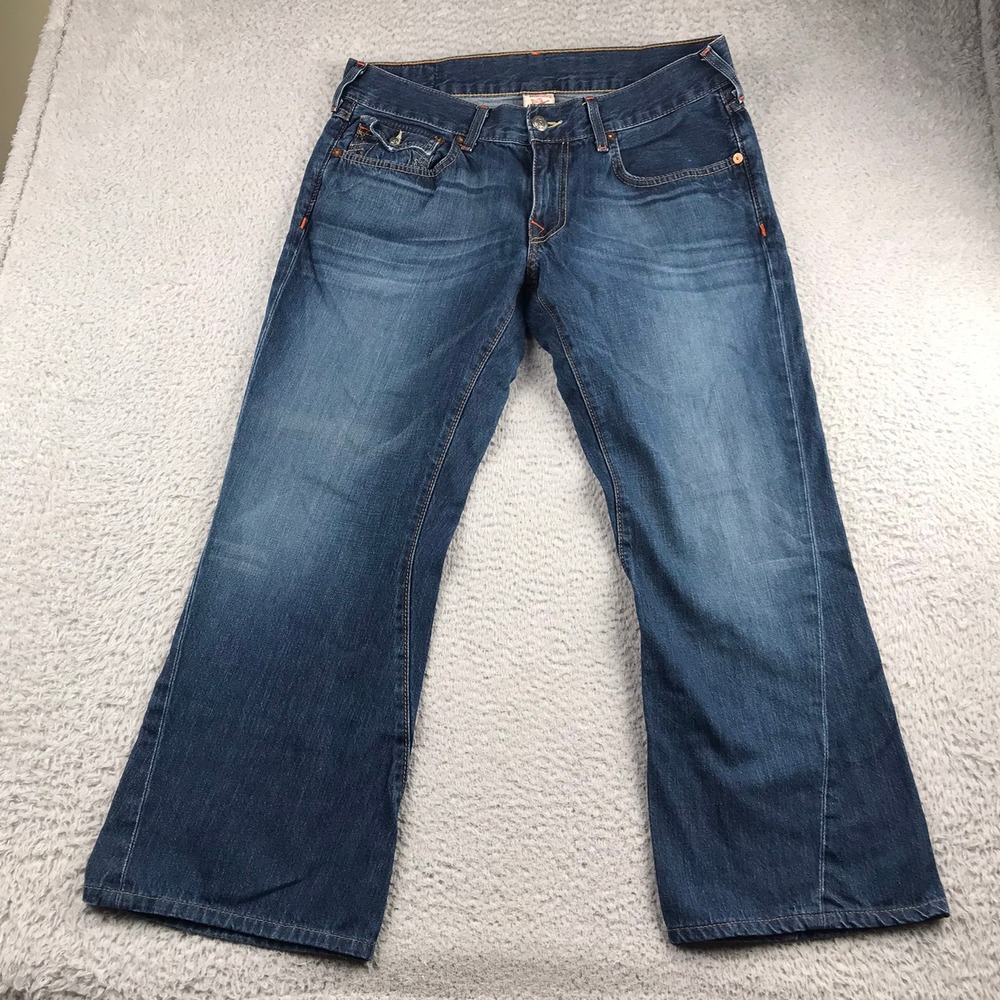 True Religion Flare Jeans Women 34 (36x28) Blue Flap Pocket USA Made Vintage Y2K